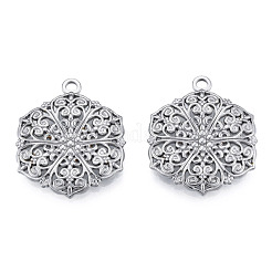 変色しない201ステンレススチールペンダント  花と六角形  ステンレス鋼色  28.5x23x2.5mm  穴：2mm&nbsp;STAS-N098-206P