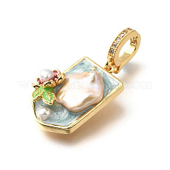 真鍮マイクロパヴェキュービックジルコニア＆エナメルペンダント  花のチャームが付いた長方形  天然淡水パールと  ニッケルフリー  18KGP本金メッキ  士官候補生ブルー  22x16.5x6.5mm  穴：6.5x4.5mm&nbsp;KK-R222-16G-02