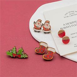 サンタクロース&ヒイラギの葉&クリスマスソックスプリントウッドスタッドピアス4組  フラットラウンドウッド＆レジンイヤリング  ミックスカラー  14~17x10~14mm&nbsp;EJEW-OY001-02