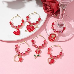 バレンタインデー合金エナメルペンダントワイングラスチャームセット  真鍮のフープピアスとガラスビーズ付き  バラ/ハート/ロック  ゴールドカラー  40~48x30mm&nbsp;AJEW-JO00223