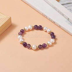 Natural Amethyst & Pearl Round Beaded Stretch Bracelet for Women&nbsp;BJEW-JB09246-01