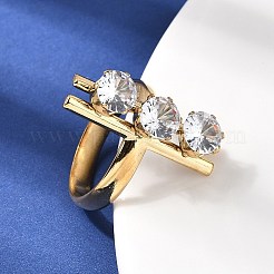 304ステンレススチールマイクロパヴェキュービックジルコニアオープンカフリング女性用  ゴールドカラー  スティック  usサイズ7 1/4(17.5mm)&nbsp;RJEW-K258-12B-G