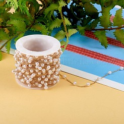 プラスチックパールビーズチェーン  真鍮カーブチェーンを有する  ハンダ付け  スプールで  ゴールドカラー  4mm  約32.81フィート（10m）/ロール&nbsp;JX088A