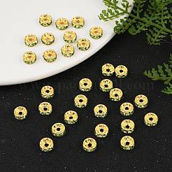 真鍮製A級ラインストーンスペーサービーズ  黄金メッキ  ロンデル  ニッケルフリー  ペリドット  8x3.8mm  穴：1.5mm&nbsp;RSB038NF-10G