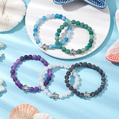 染色された天然の風化瑪瑙の丸いビーズのストレッチブレスレット  合金タートルブレスレット  ミックスカラー  内径：2-1/8インチ（5.5cm）&nbsp;BJEW-JB11080