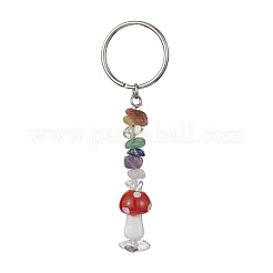 Chakra Natural Gemstone Chips Keychains with Lampwork Mushroom Charm&nbsp;KEYC-JKC00547