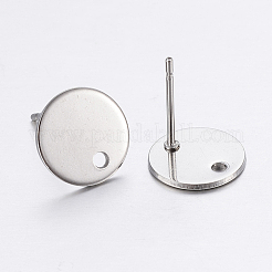 変色しない304ステンレススチールスタッドピアス金具  ループと平板付き  フラットラウンド  ステンレス鋼色  12x1mm  穴：2mm  ピン：0.8mm&nbsp;X-STAS-P198-25-12mm