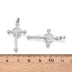 宗教真鍮マイクロパヴェキュービックジルコニアペンダント  十字架クロスチャーム  プラチナ  33x19x2.5mm  穴：4.5x2.5mm&nbsp;KK-T073-47P