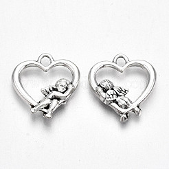 合金のチベット風チャーム  鉛フリー＆カドミウムフリー  天使とハート  アンティークシルバー  19.5x18x3mm  穴：2.5mm&nbsp;X-TIBE-S323-087AS-RS