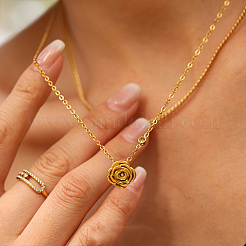 304 Stainless Steel Pave Clear Cubic Zirconia Rose Flower Pendant Necklaces for Women&nbsp;WGE1594-01