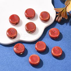 手作りの陶器ビーズ  ファンシーアンティーク施釉磁器  フラットラウンド  暗赤色  12x7mm  穴：3mm&nbsp;X-PORC-Q185-12mm-5
