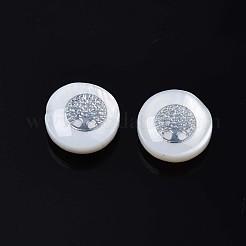天然淡水シェルビーズ  真鍮製の金属装飾  ツリー付きフラットラウンド  プラチナ  8x4~5mm  穴：0.6mm&nbsp;SHEL-N003-22-17P