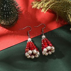 女性用ガラスと貝殻パールのダングルイヤリング  クリスマスの帽子  ステンレス鋼色  45x20mm&nbsp;EJEW-TA00576