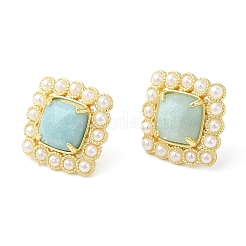 Ion Plating(IP) Natural Amazonite Square Stud Earrings with Plastic Pearl Beaded&nbsp;EJEW-E599-03G-01