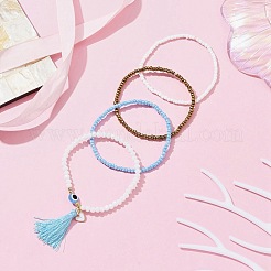 4Pcs 4 Style Glass Seed & Resin Evil Eye Beaded Stretch Bracelets Set&nbsp;BJEW-JB09896-02