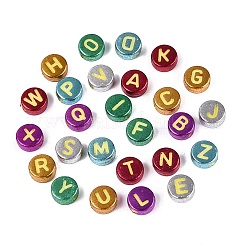 メッキアクリルビーズ  アルファベット付きフラットラウンド  ミックスカラー  6.5~7x3.5~4mm  穴：1.5~1.6mm  約3846個/500g&nbsp;PACR-Q010-01