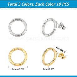 20個 2色 304ステンレススチールリングスタッドピアス（女性用）  ゴールデン·ステンレス鋼色  14x2mm  ピン：0.6mm  10個/カラー&nbsp;EJEW-UN0002-11