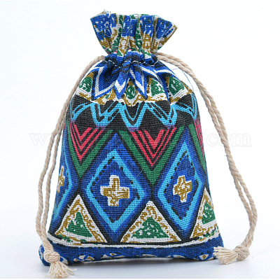 リネン巾着袋  長方形  菱形模様  14x10cm&nbsp;CON-PW0001-078A-11-1