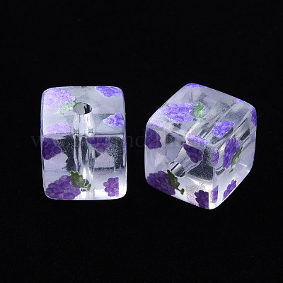 透明印刷アクリルビーズ  フルーツ模様の四角  ぶどう柄  16x16x16mm  穴：3mm&nbsp;MACR-S374-08A-04-1