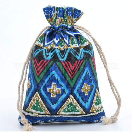 リネン巾着袋  長方形  菱形模様  14x10cm&nbsp;CON-PW0001-078A-11-1