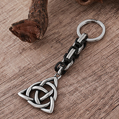 304 Stainless Steel Triqueta Keychains, with Split Key Rings & Byzantine Chains, Stainless Steel Color, 80mm