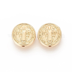 Brass Beads, Cadmium Free & Lead Free, Long-Lasting Plated, Flat Round with Cssml Ndsmd Cross God Father Religious Christianity, Real 18K Gold Plated, 10x3mm, Hole: 1.2mm