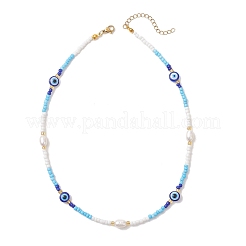Natural Pearl & Resin Evil Eye & Glass Seed Beaded Necklaces for Women&nbsp;NJEW-MZ00152-01