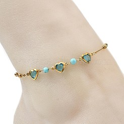 Round Natural Mixed Stone & Stainless Steel Glass Heart Link Anklets for Women&nbsp;AJEW-AN00804