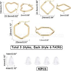 201 ステンレススチールフープピアス  304ステンレスピン付き  ハート  六角  菱形  プラスチック製のピアスキャッチで  ゴールドカラー  18pair /箱&nbsp;EJEW-UN0001-18