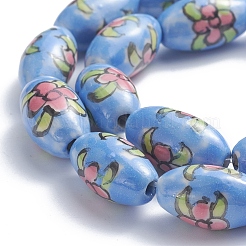 手作りプリント陶器ビーズ  手描きの陶器ビーズ  オーバル  花柄  14~16x8~9mm  穴：1.5~2mm  約23個/連  13.5インチ（34cm）&nbsp;PORC-G004-A13