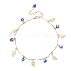 Handmade Evil Eye Lampwork & Stainless Steel Leaf Tassel 304 Stainless Steel Curved Bar Link Chain Anklets for Women&nbsp;AJEW-AN00742-02