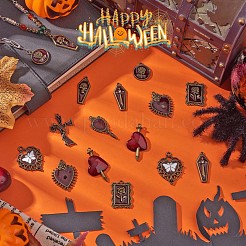 18 個 9 スタイルハロウィン合金ラインストーンペンダント  エナメル  diy ネックレス ブレスレット イヤリング アクセサリー  蝶と十字架と鏡のハート  アンティークブロンズ  30x25mm  2pc&nbsp;JX161A