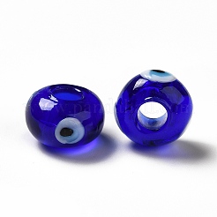 手作りのナザールボンジュウのランプワークビーズ  ロンデル  ブルー  13~14.5x13.5~15x8~9mm  穴：4.5mm&nbsp;LAMP-A153-08-05