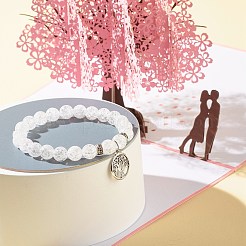 電気メッキ天然溶岩ロック＆クラックルクォーツラウンドビーズエネルギーストレッチブレスレットセット  生命の木フラットラウンドアロイチャームブレスレット  アンティークシルバー  内径：2-1/8インチ（5.3cm）  2-1/4インチ（5.6cm）  2個/セット&nbsp;BJEW-JB06970