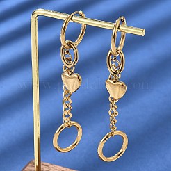 304ステンレススチールフープピアス  チェーンチャーム付きハート  18KGP本金メッキ  71.5x16mm&nbsp;EJEW-V016-04G