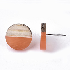 透明樹脂＆ウッドスタッドピアス  304ステンレスピン付き  フラットラウンド  サンゴ  15mm  ピン：0.7mm&nbsp;EJEW-N017-003A-D07