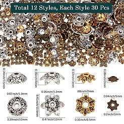 360 個 12 スタイル チベット スタイル合金ビーズ キャップ  花  ミックスカラー  6~10.5x6~12x1.5~4mm  穴：1~2mm  30個/スタイル&nbsp;TIBE-SC0002-36