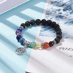 Natural Lava Rock & Mixed Stone Stretch Bracelet with Lampwork Evil Eye&nbsp;BJEW-JB08321-02