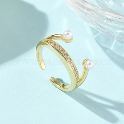 Brass Micro Pave Cubic Zirconia ABS Imitation Pearl Cuff Rings&nbsp;RJEW-D307-02G-C