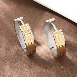 Two Tone 304 Stainless Steel Stripe Hoop Earrings&nbsp;EJEW-L307-03GP