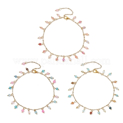3Pcs 3 Colors Dyed & Heated Natural Agate(Dyed & Heated) Faceted Round Tassel 304 Stainless Steel Cable Chain Anklets&nbsp;AJEW-AN00744