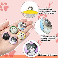 30個6スタイルプリントアロイペンダント  プラチナ  猫のチャーム付きフラットラウンド  ミックスカラー  28x24.5x2.7mm  穴：1.4mm  5個/スタイル&nbsp;ENAM-CJ0004-70