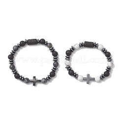 天然溶岩石＆ラルビカイト＆ハウライトビーズストレッチブレスレット（カップル用）2個  クロス  非磁性の合成ヘマタイトビーズで  内径：2.36インチ（6cm）&nbsp;BJEW-JB13196