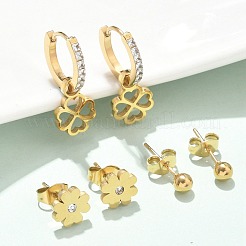 304 Stainless Steel Rhinestone Clover & Round Earring Sets&nbsp;EJEW-Z098-13G