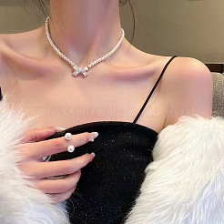 Bowknot Plastic Imitation Pearl Beaded Pendant Necklaces & Stud Earrings Sets&nbsp;WGC8EC3-03