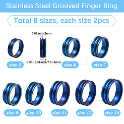 16個 8スタイル ステンレススチール 溝付き指輪  ブルー  内径：16~23mm  2個/スタイル&nbsp;RJEW-SC0001-26