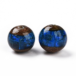 手作りゴールドパウダー入りランプワークビーズ  ラウンド  ブルー  14.5x13.5~14mm  穴：1.6~2mm&nbsp;LAMP-C004-02D