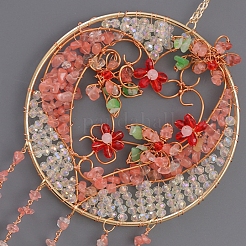 Brass Wire Wrapped Natural Rose Quartz Chips Heart Pendant Decorations&nbsp;HJEW-D302-14