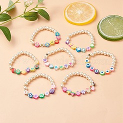 7 個 7 スタイル スター & 笑顔 & 花ポリマークレイ ストレッチ ブレスレット セット ガラス パール ビーズ  女性用フルーツキャンディープレッピーブレスレット.  ミックスカラー  内径：2-1/8インチ（5.3cm）  1個/スタイル&nbsp;BJEW-JB08786