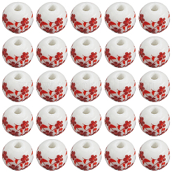 手作りの花柄プリント磁器ビーズ 150個  花柄のセラミック製丸ビーズ  レッド  8mm  穴：2~2.5mm&nbsp;PORC-PA0001-10